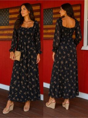 Aakaa Black Floral Smocked Maxi Dress